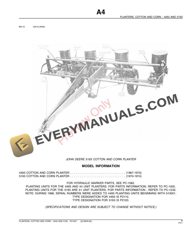 John Deere 4493 5193 Cotton and Corn Planters Parts Catalog PC1037 23MAR82 3