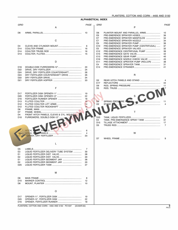 John Deere 4493 5193 Cotton and Corn Planters Parts Catalog PC1037 23MAR82 5