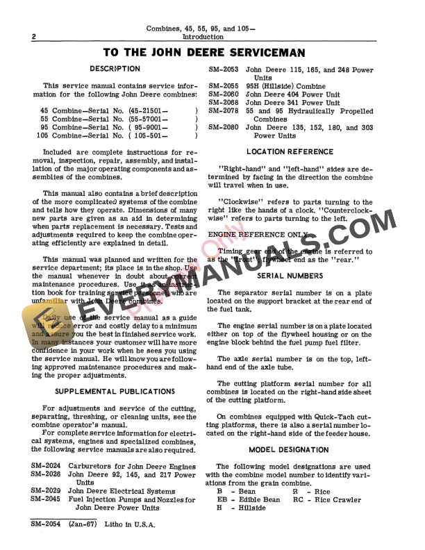John Deere 45 55 95 and 105 Combines Service Manual SM2054 01JAN67 4