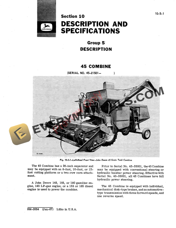 John Deere 45 55 95 and 105 Combines Service Manual SM2054 01JAN67 5