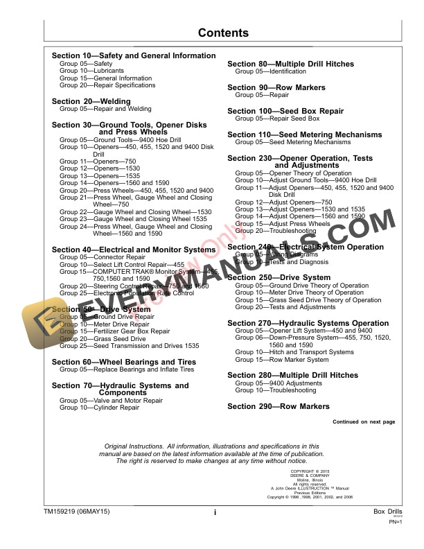 John Deere 450 455 750 1520 1530 1535 1560 1590 and 9400 Grain Drills Technical Manual TM159219 06MAY15 3