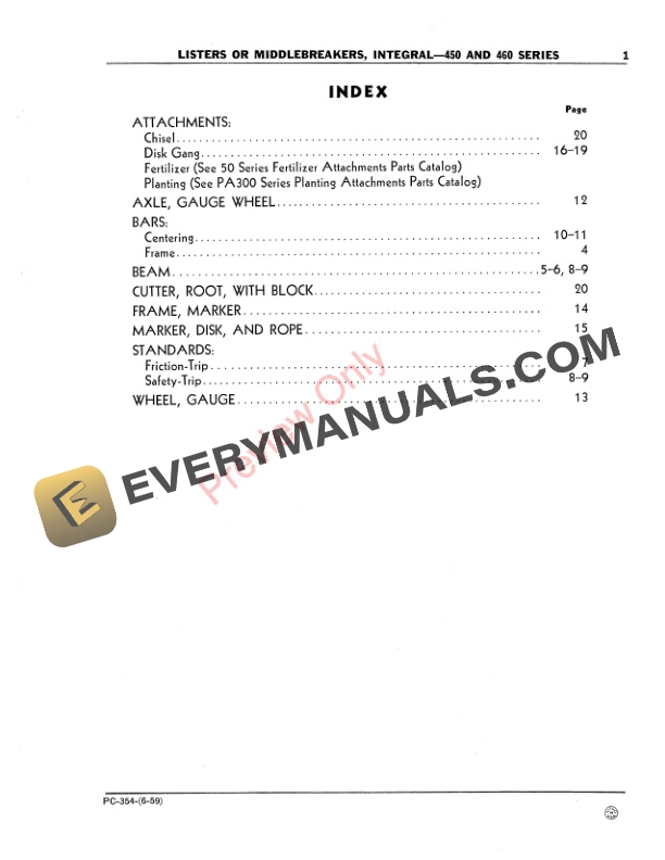 John Deere 450, 460 Series Listers or Middlebreakers - Integral Parts Catalog PC354 01JUN59 4 John Deere 450, 460 Series Listers or Middlebreakers – Integral Parts Catalog PC354 01JUN59-3