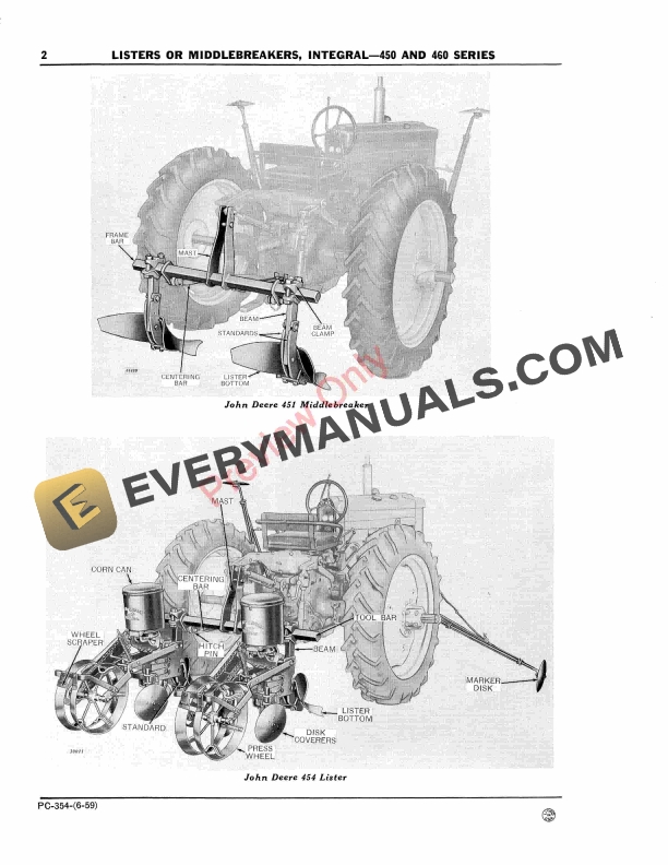 John Deere 450, 460 Series Listers or Middlebreakers - Integral Parts Catalog PC354 01JUN59 5 John Deere 450, 460 Series Listers or Middlebreakers – Integral Parts Catalog PC354 01JUN59-4