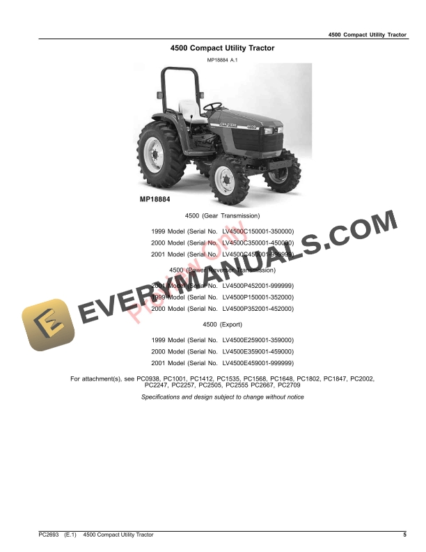 John Deere 4500 COMPACT UTILITY TRACTOR Parts Catalog PC2693 16NOV23-5