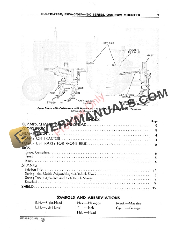 John Deere 4500 Series Row-Crop Cultivator Parts Catalog PC458 01DEC56-3