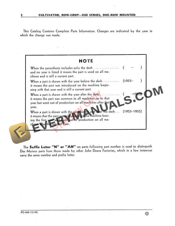 John Deere 4500 Series Row-Crop Cultivator Parts Catalog PC458 01DEC56-4