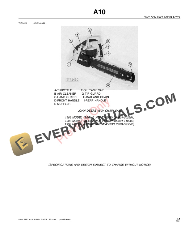 John Deere 450V, 800V Chain Saws Parts Catalog PC2142 22APR92-3