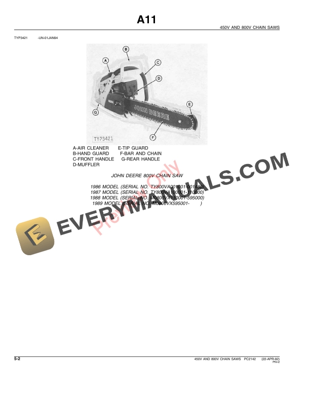 John Deere 450V, 800V Chain Saws Parts Catalog PC2142 22APR92-4