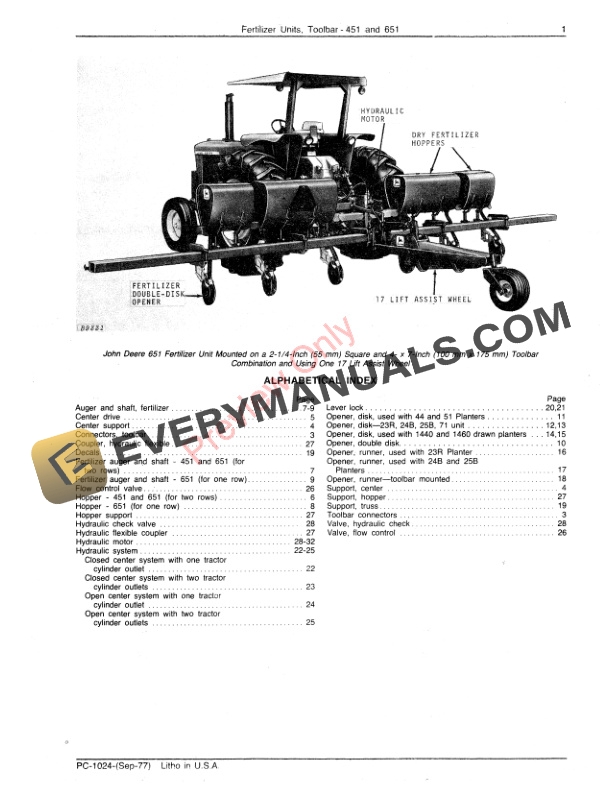 John Deere 451 651 Toolbar Fertilizer Units Parts Catalog PC1024 01SEP77 3