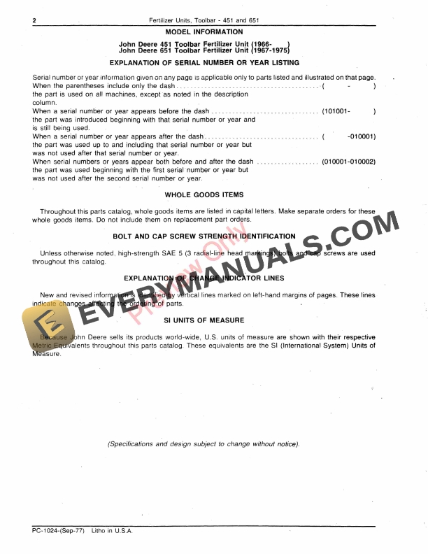 John Deere 451 651 Toolbar Fertilizer Units Parts Catalog PC1024 01SEP77 4
