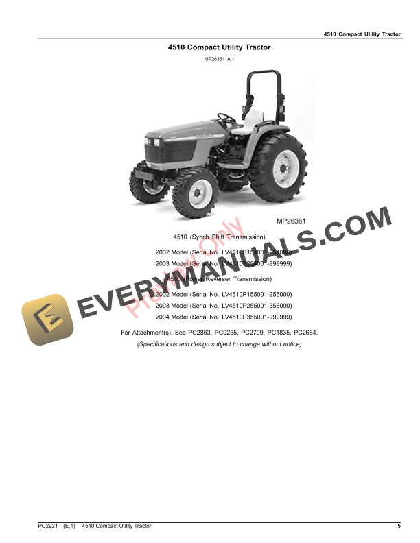 John Deere 4510 COMPACT UTILITY TRACTOR Parts Catalog PC2921 18JUL23-5