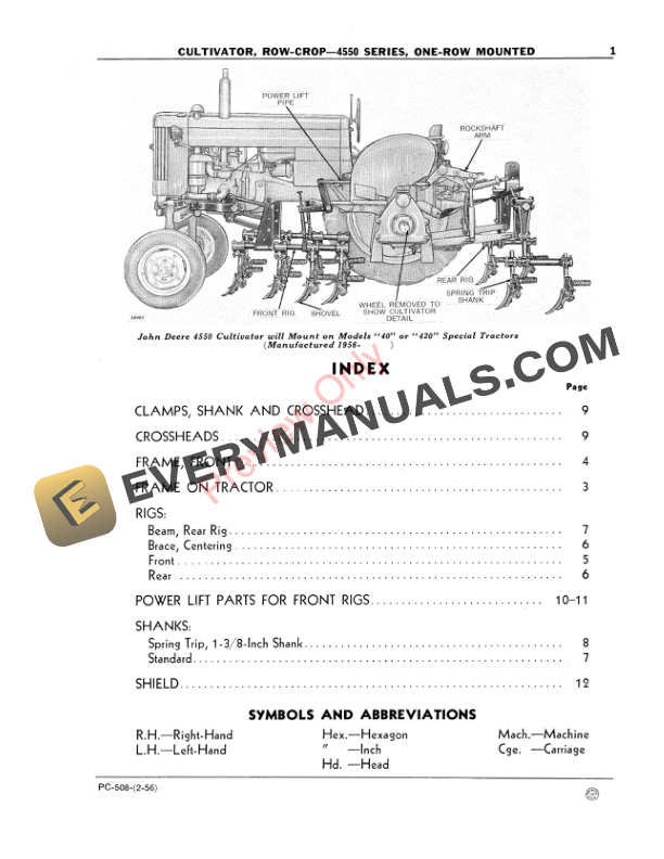 John Deere 4550 Series Row-Crop Cultivator Parts Catalog PC508 01DEC56-3
