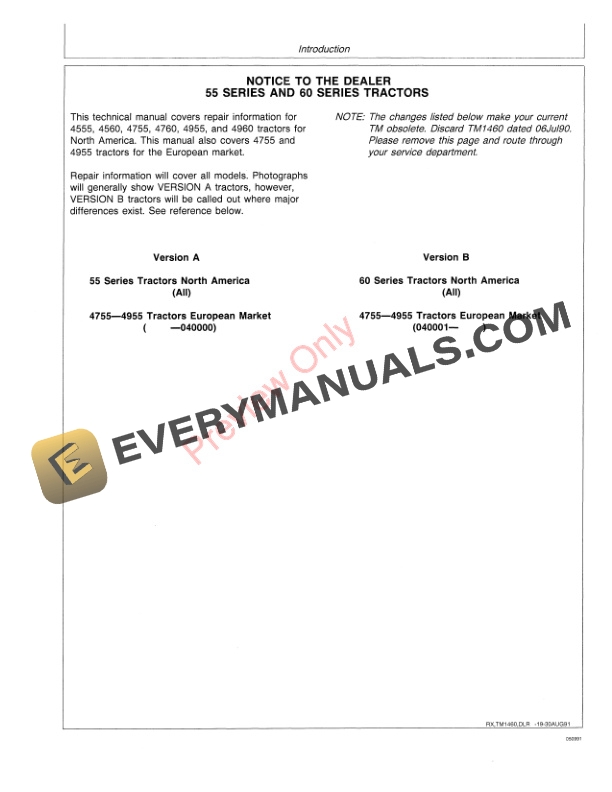 John Deere 4555 4755 4955 4560 4760 and 4960 Tractors Technical Manual TM1460 04SEP91 3