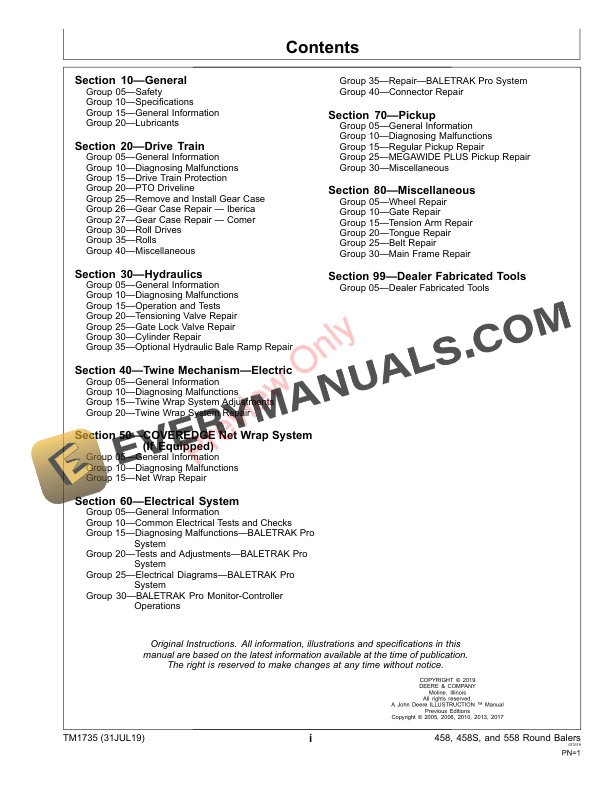 John Deere 458 458 Silage Special and 558 Round Balers Repair Technical Manual TM1735 31JUL19 3
