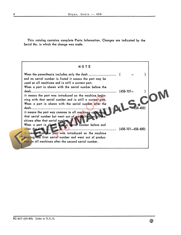 John Deere 458 Grain Dryer Parts Catalog PC617 01OCT60-4