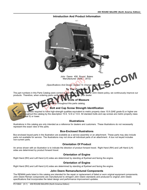 John Deere 458 ROUND BALERS Parts Catalog PC10822 24AUG23 3