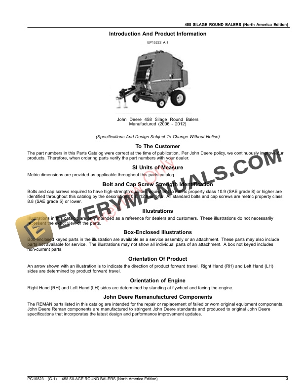 John Deere 458 SILAGE ROUND BALERS Parts Catalog PC10823 22OCT23 3