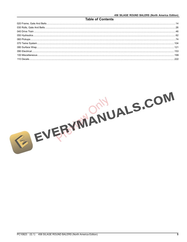 John Deere 458 SILAGE ROUND BALERS Parts Catalog PC10823 22OCT23 5
