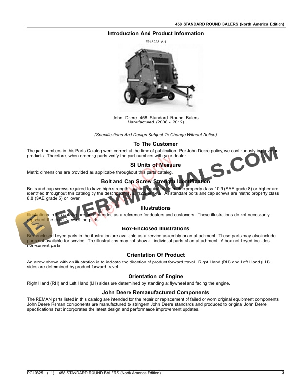 John Deere 458 STANDARD ROUND BALERS Parts Catalog PC10825 22OCT23 3
