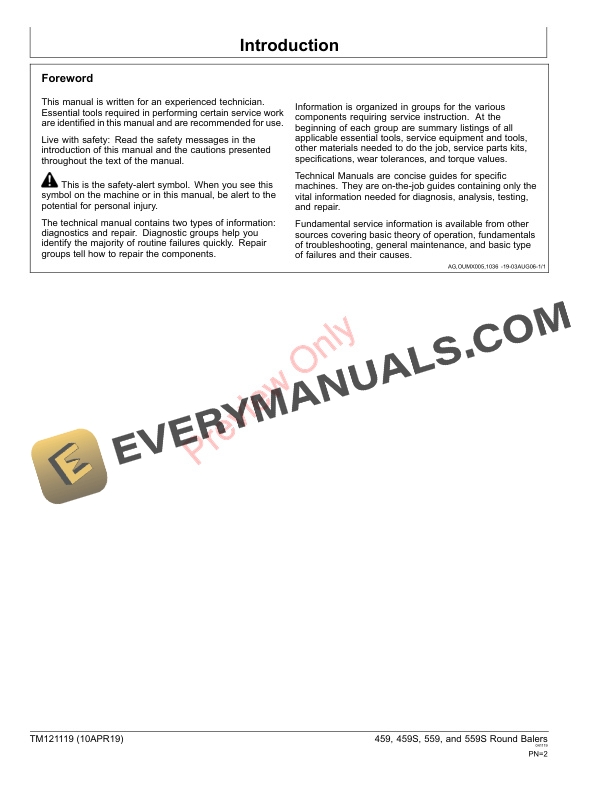 John Deere 459, 459 Silage Special and 559, 559 Silage Special Round Balers Technical Manual TM121119 10APR19 10 John Deere 459 459 Silage Special and 559 559 Silage Special Round Balers Technical Manual TM121119 10APR19 2