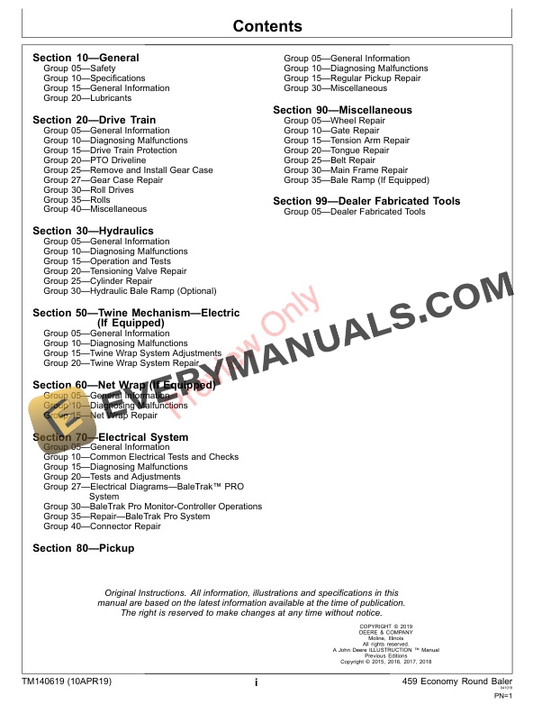 John Deere 459 Economy Round Baler Technical Manual TM140619 10APR19 3