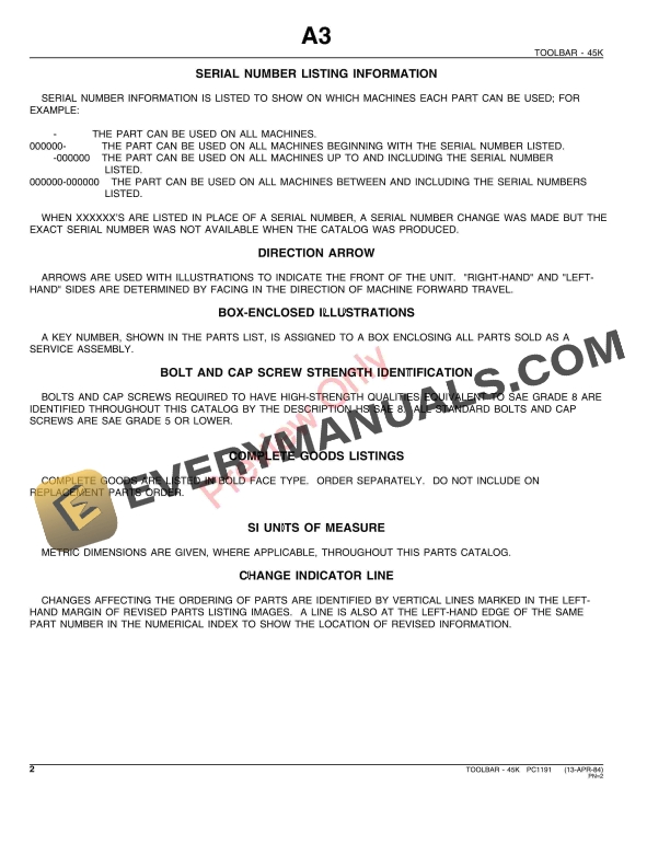 John Deere 45K Toolbar Parts Catalog PC1191 13APR84 4