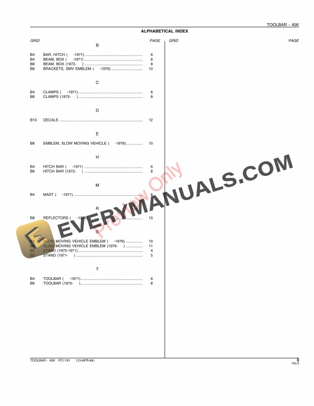 John Deere 45K Toolbar Parts Catalog PC1191 13APR84 5