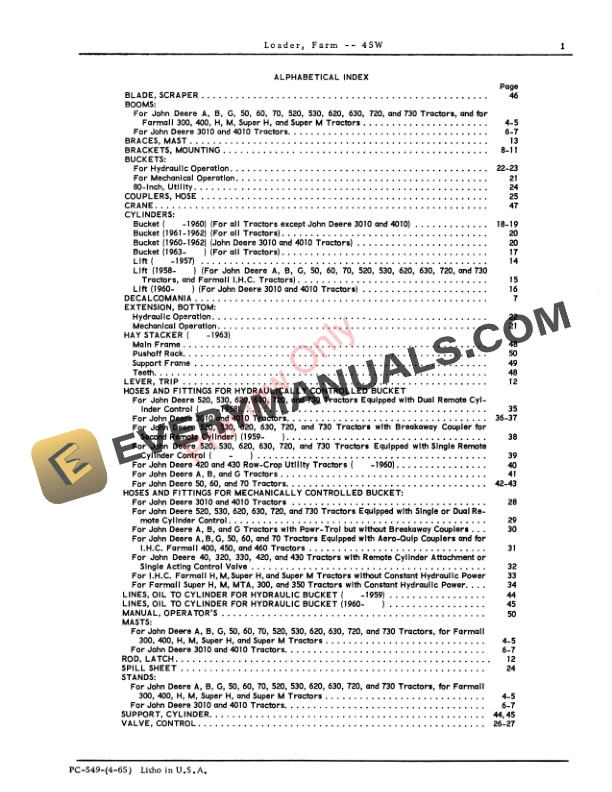 John Deere 45W Farm Loader Parts Catalog PC549 01APR65-3