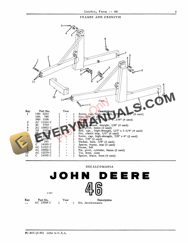 John Deere 46 Farm Loader Parts Catalog PC815 01FEB65-5