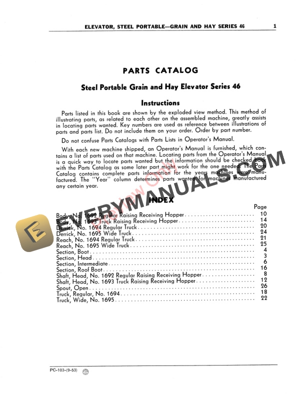 John Deere 46 GrainHay Elevator Parts Catalog PC103 01SEP53 3