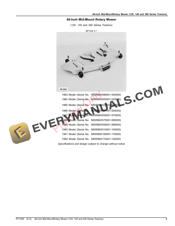 John Deere 46-Inch Mid-Mount Rotary Mower (120, 140 and 300 Series Tractors) Parts Catalog PC1935 27JUN23-3