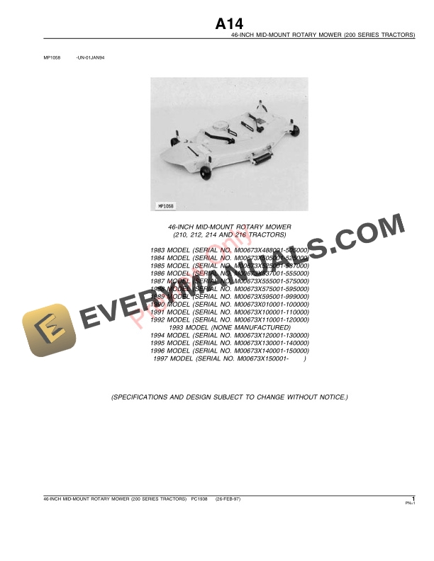 John Deere 46-Inch Tractor-Mounted Rotary Mower (For 200 Series) Parts Catalog PC1938 26FEB97-3