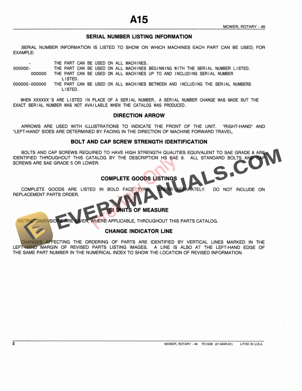 John Deere 46 Rotary Mower Tractor Mounted Parts Catalog PC1028 29JUL91 4