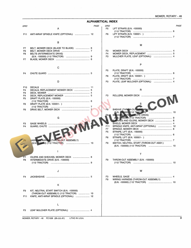 John Deere 46 Rotary Mower Tractor Mounted Parts Catalog PC1028 29JUL91 5