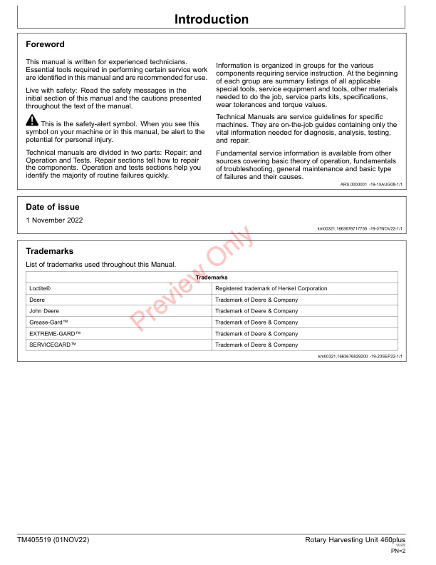 John Deere 460 Rotary Harvesting Units Technical Manual TM405519 01NOV22 2