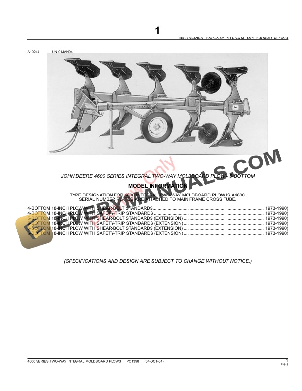 John Deere 4600 Series Integral Two-Way Moldboard Plows Parts Catalog PC1398 10JUN11 4 John Deere 4600 Series Integral Two-Way Moldboard Plows Parts Catalog PC1398 10JUN11-3