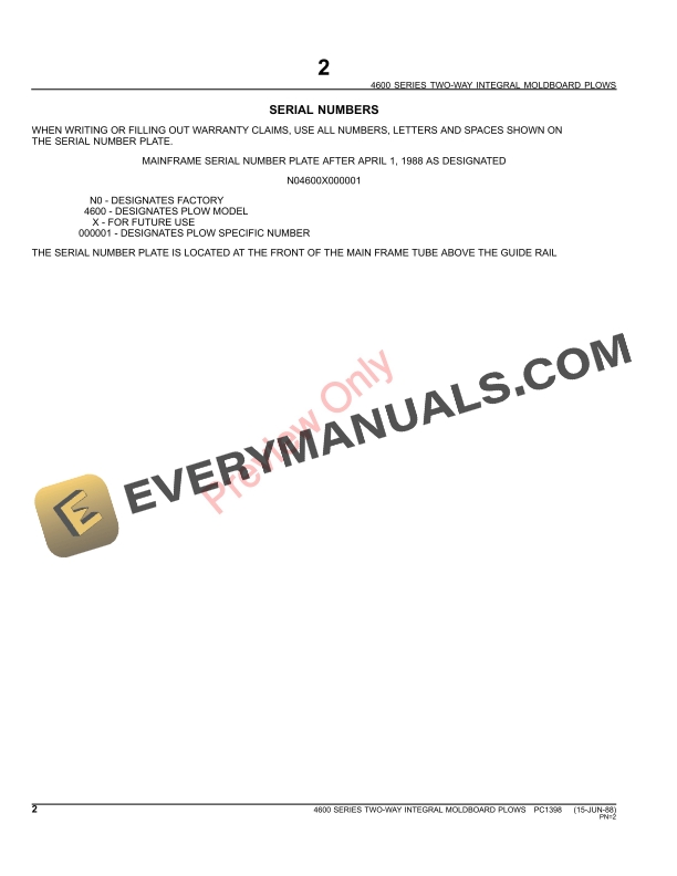 John Deere 4600 Series Integral Two-Way Moldboard Plows Parts Catalog PC1398 10JUN11 5 John Deere 4600 Series Integral Two-Way Moldboard Plows Parts Catalog PC1398 10JUN11-4