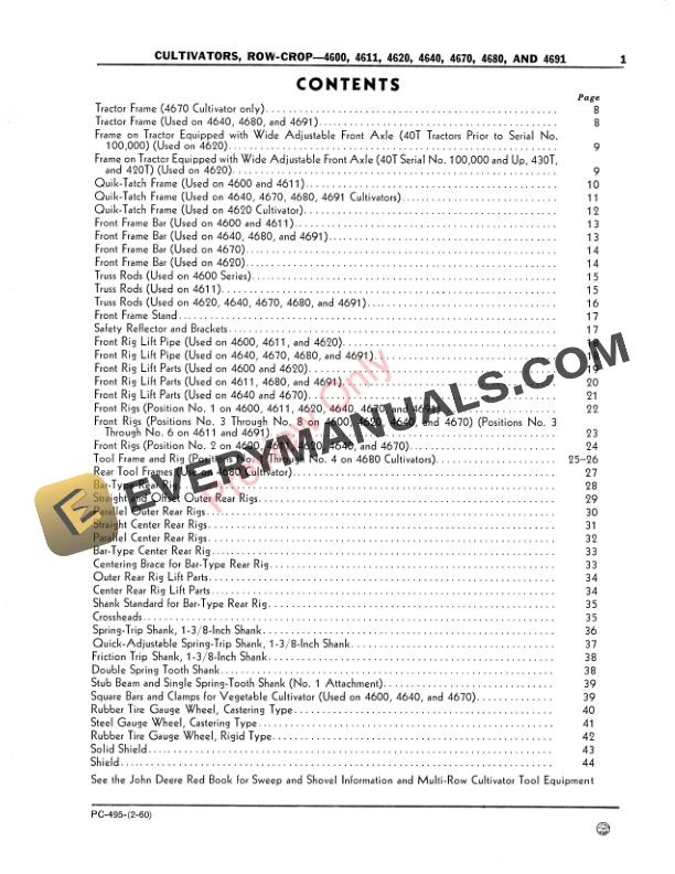 John Deere 4600 Series Row-Crop Cultivators Parts Catalog PC495 01DEC61-3