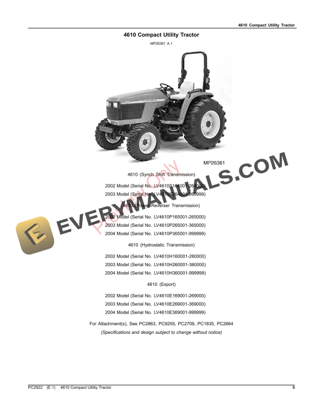 John Deere 4610 COMPACT UTILITY TRACTOR Parts Catalog PC2922 09OCT23-5