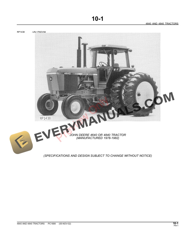 John Deere 4640, 4840 Tractors Parts Catalog PC1899 11MAY11-3