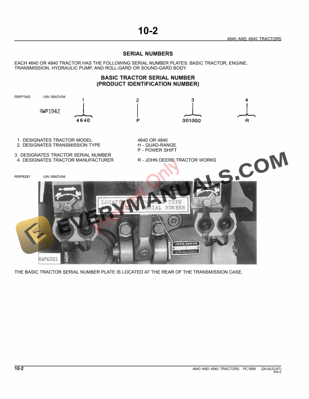 John Deere 4640, 4840 Tractors Parts Catalog PC1899 11MAY11-4