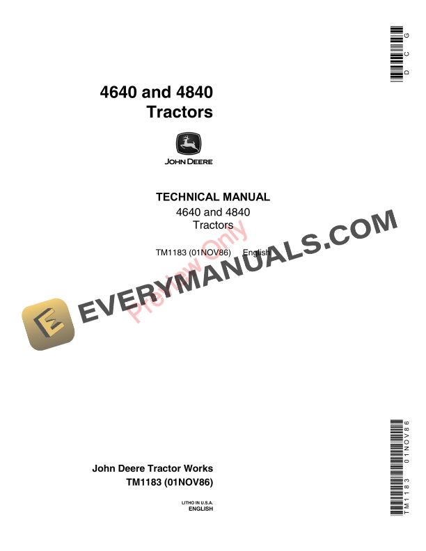 John Deere 4640 and 4840 Tractors Technical Manual TM1183 01NOV86-1
