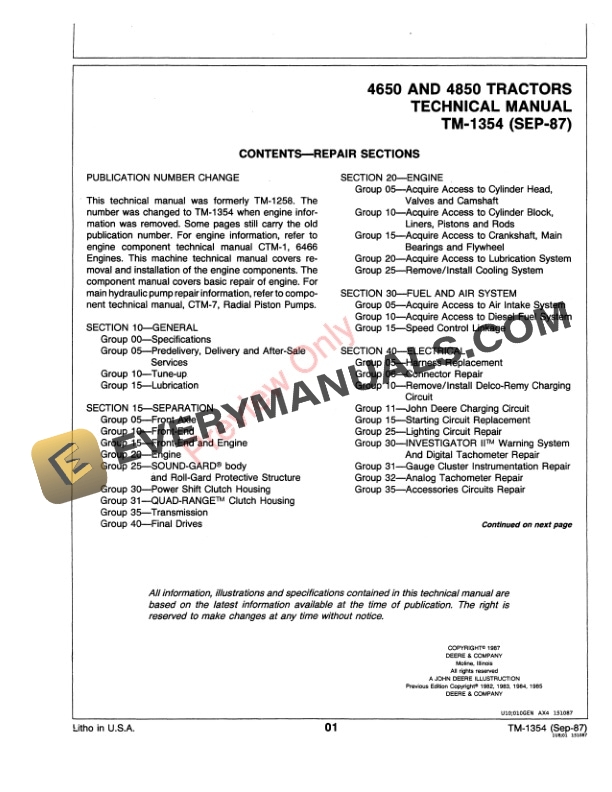 John Deere 4650 and 4850 Tractor Technical Manual TM1354 01SEP87 3