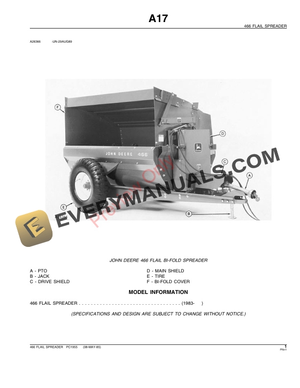 John Deere 466 Flail Spreader Parts Catalog PC1955 08MAY85-3
