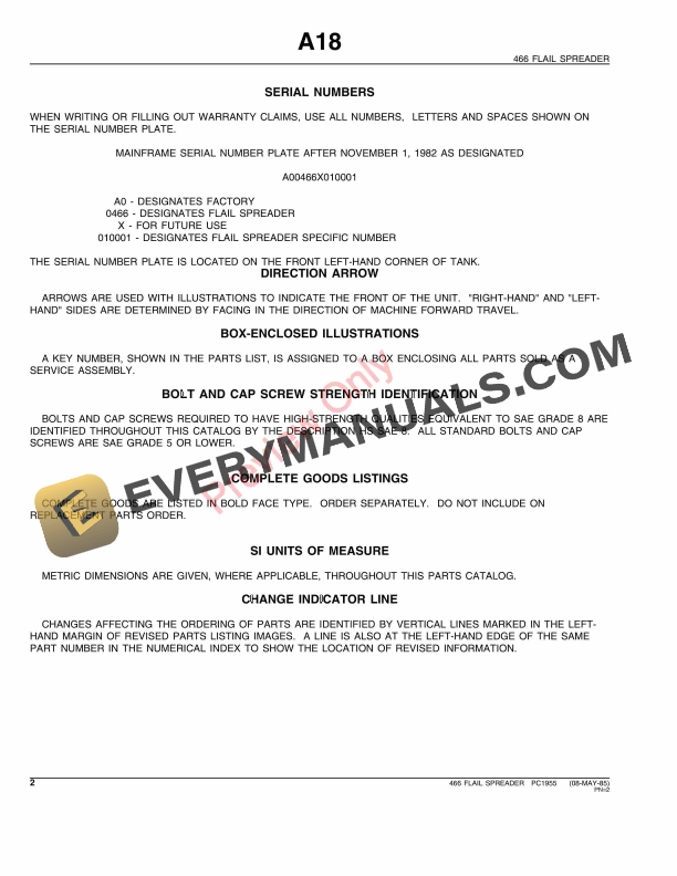 John Deere 466 Flail Spreader Parts Catalog PC1955 08MAY85-4