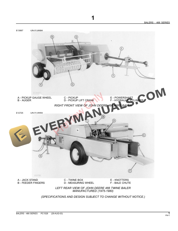 John Deere 466 Square Baler Parts Catalog PC1528 11MAY11-3