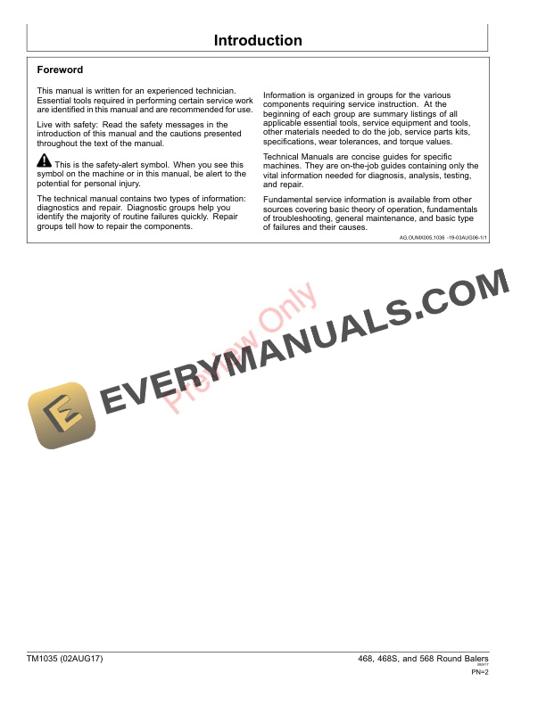 John Deere 468, 468 Silage Special and 568 Round Balers Technical Manual TM1035 02AUG17 PDF 4 John Deere 468 468 Silage Special and 568 Round Balers Technical Manual TM1035 02AUG17 2
