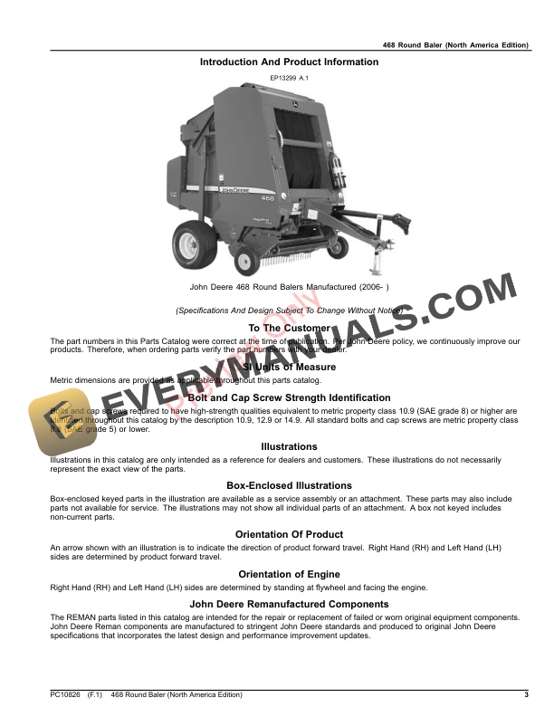 John Deere 468 Round Baler Parts Catalog PC10826 24AUG23 3