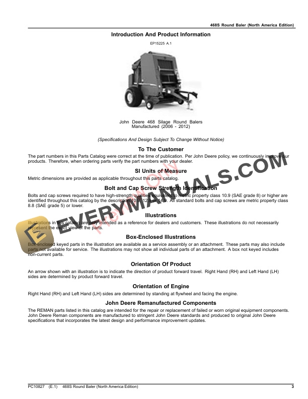 John Deere 468S Round Baler Parts Catalog PC10827 24AUG23 3