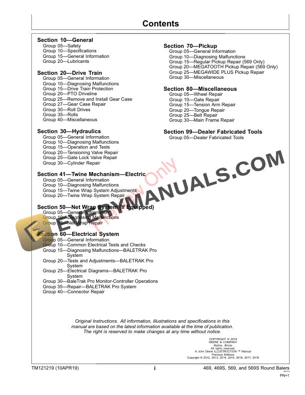 John Deere 469 469 Silage Special 569 and 569 Silage Special Round Balers Technical Manual TM121219 10APR19 3